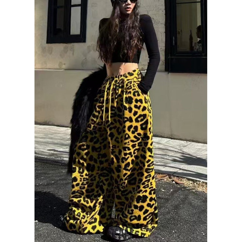 Women Yellow Oversized Leopard Print Warm Fleece Pants Spring