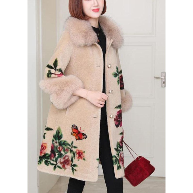 Apricot Print Button Thick Winter Long sleeve Coat