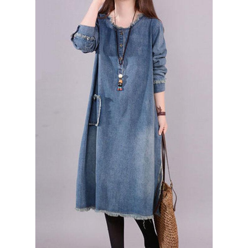 Art Blue O-Neck Pockets Button Denim Fall Long sleeve Dress