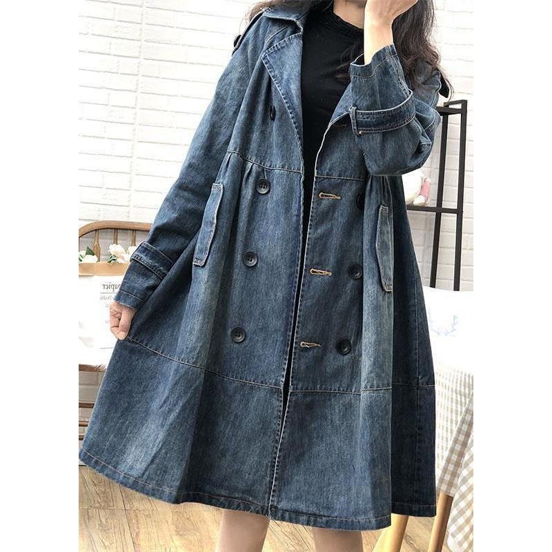 Art Blue Peter Pan Collar Pockets Button Fall Denim Trench Coats Coat