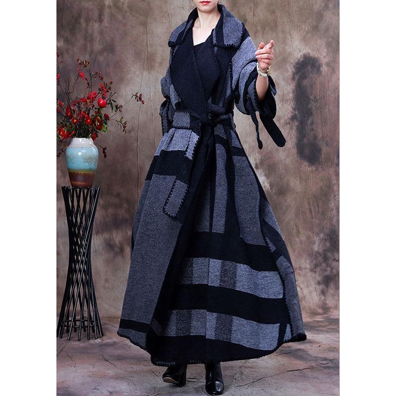 Art Grey Peter Pan Collar Print Plaid Winter Woolen Long sleeve Trench