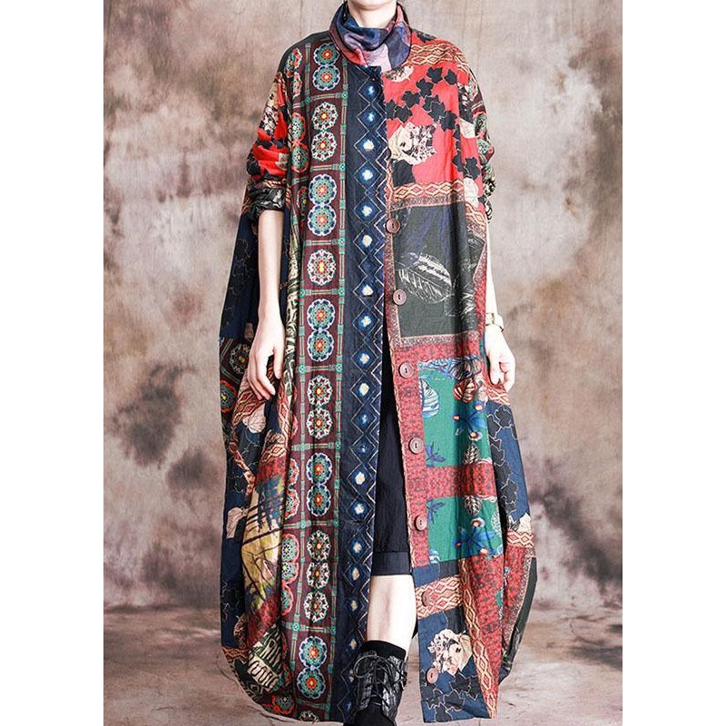 Art Red Print Button Patchwork asymmetrical design Fall Coats Long sleeve