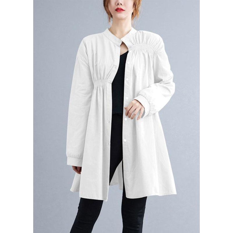 Beautiful White Stand Collar Button wrinkled Fall Shirt Top Long Sleeve