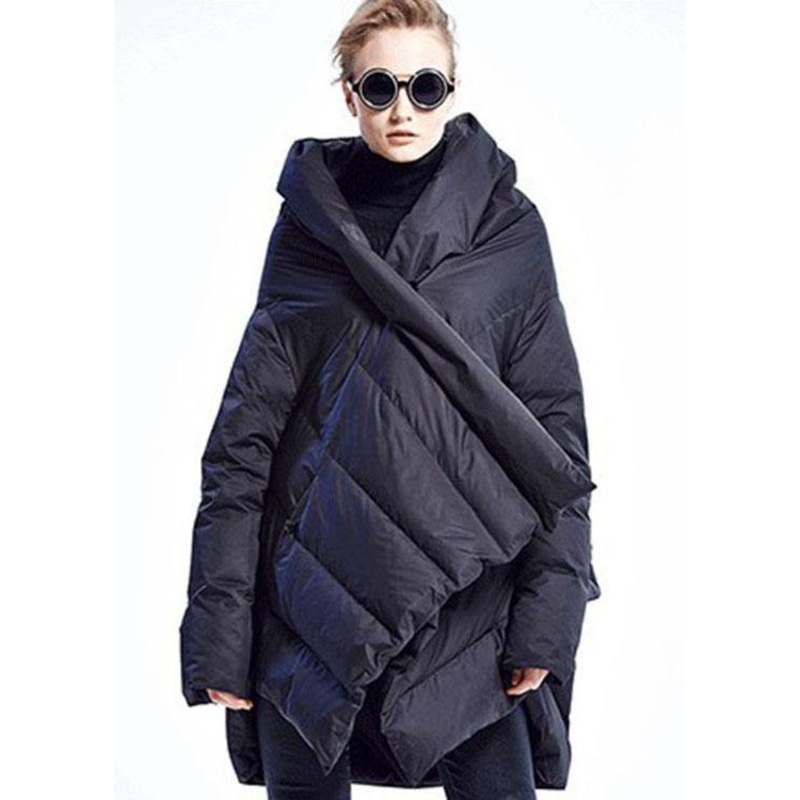 Black fashion Cloak asymmetrical design Thick Winter Duck Down Coat