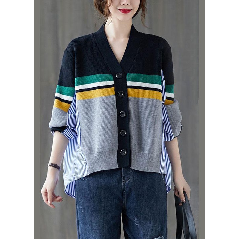 Black Patchwork Striped Button asymmetrical design Fall Knit Sweater