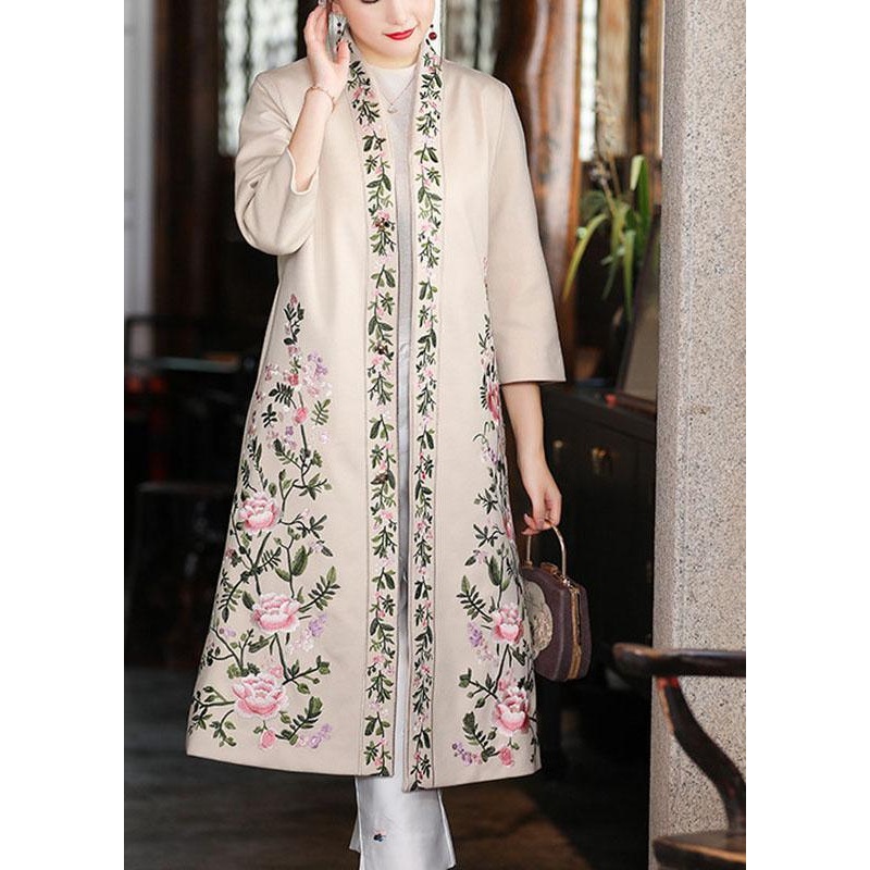 Boho Apricot V Neck Print Oriental Fall Winter Three Quarter sleeve Coat