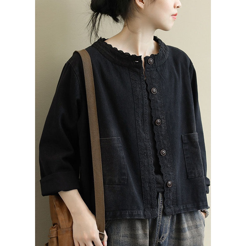Boho Black Casual Button Embroidered Fall Denim Coat