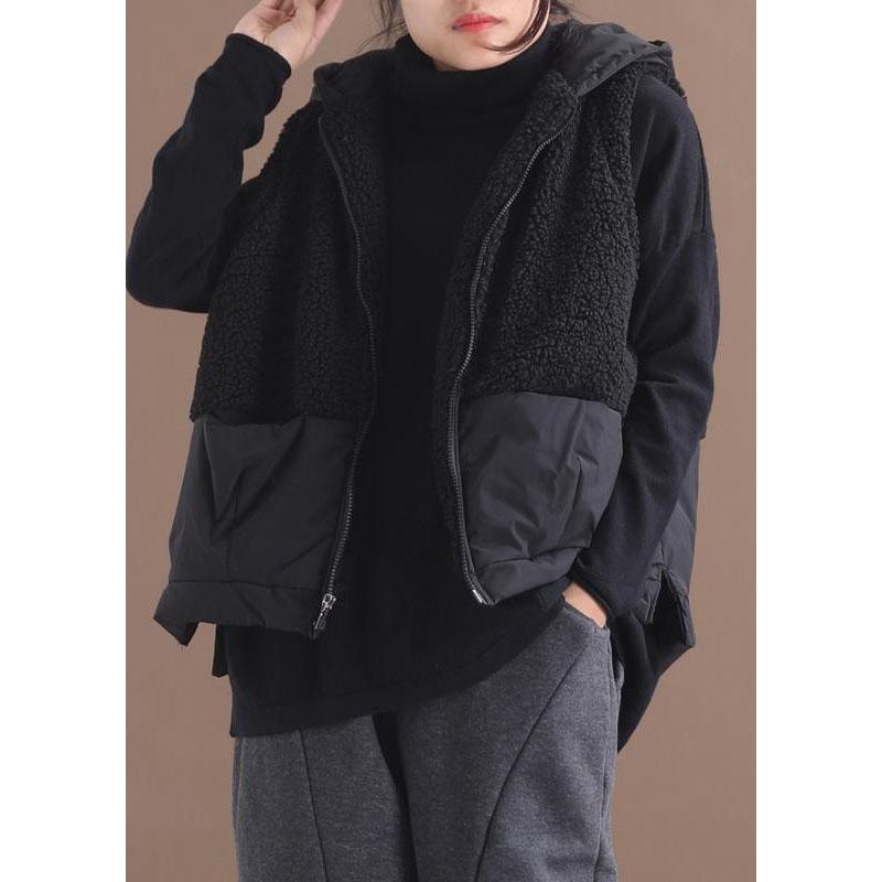 Boho Black Hooded Zippered Pockets Patchwork Winter Waistcoat