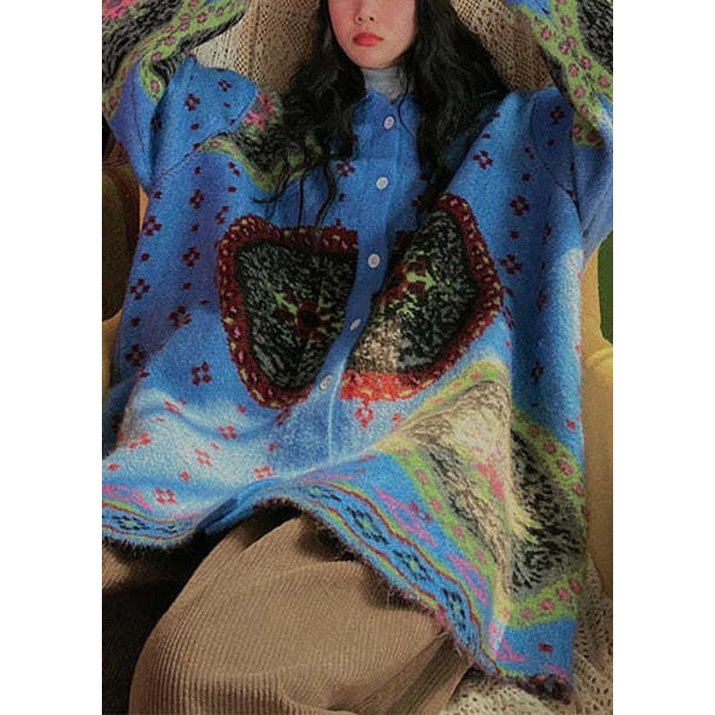 Boho Blue Cute retro Button Print Fall Knit Sweater Coat