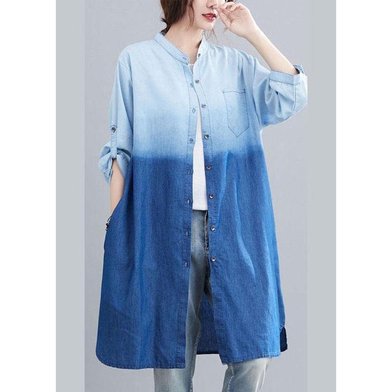 Boho Blue Pockets Button Gradient color Fall Denim Trench Long sleeve