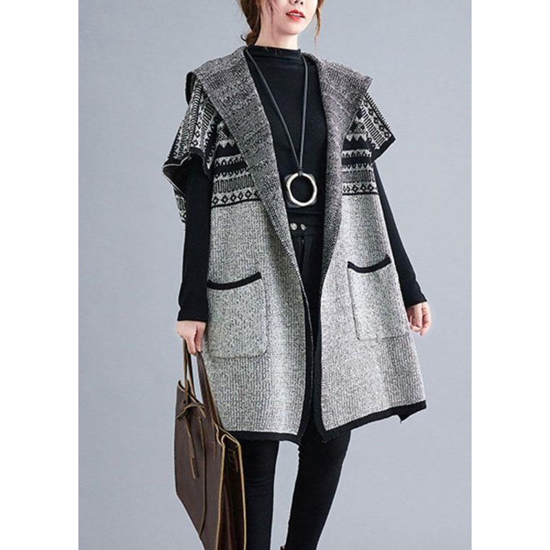 Boho Grey hooded Short Sleeve Pockets Loose Fall Knit Sweater Cardigans