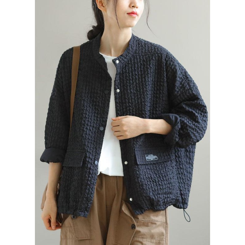 Boutique Black Stand Collar Pockets Button Drawstring Fall Coats Long sleeve