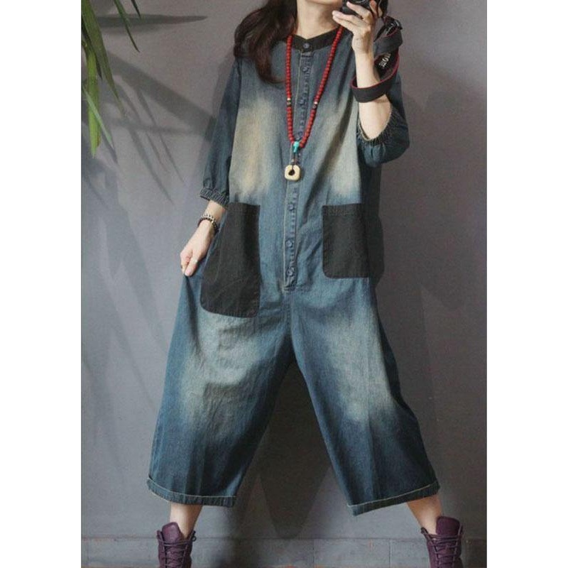 Boutique Blue Loose Button Pockets Fall Half Sleeve Denim Top