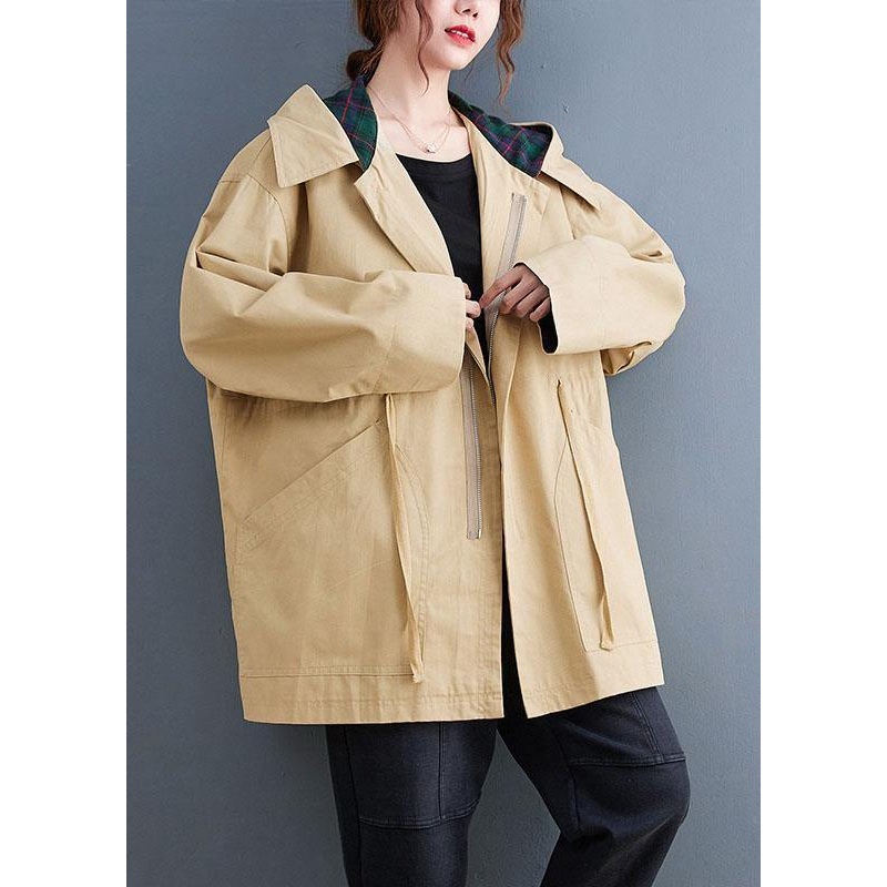 Boutique Khaki fashion Pockets drawstring Fall Hoodie Coat
