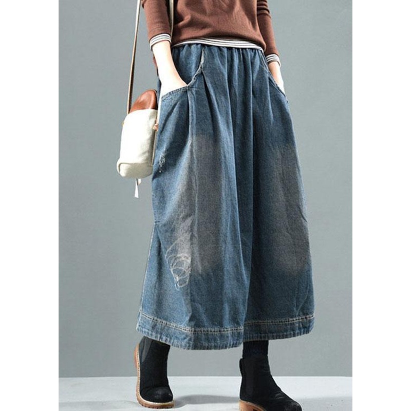 Casual Blue Elastic Waist Pockets Patchwork Fall Denim Skirt
