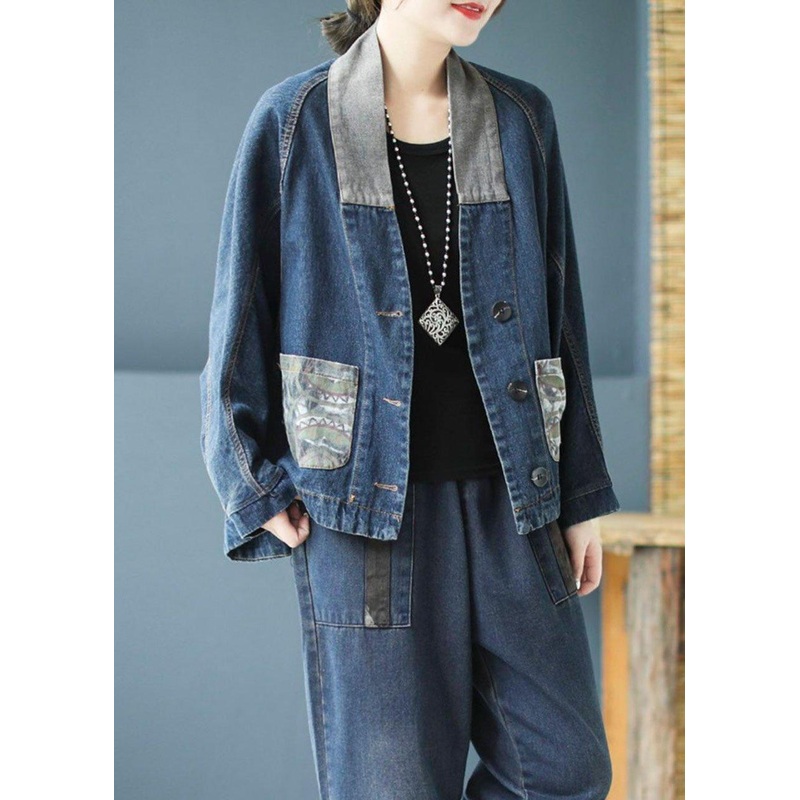 Casual Blue Pockets Button Patchwork Print Fall Denim Long sleeve Coat