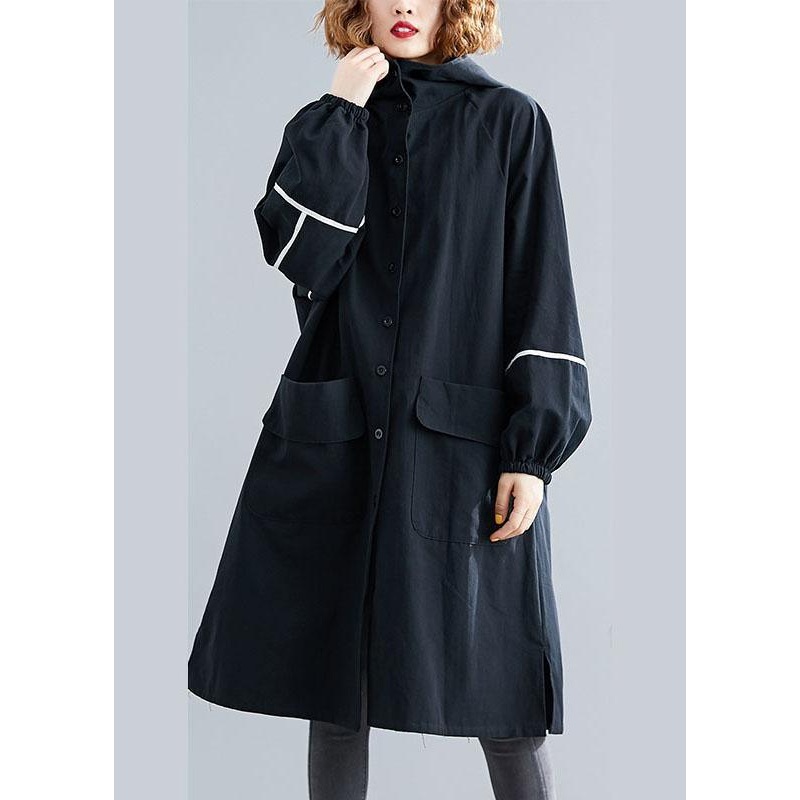 Classy Black Button Pockets Loose Fall Long sleeve Hooded Coat