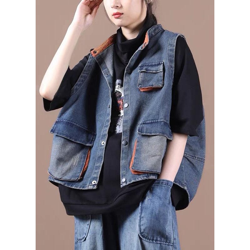 Classy Blue Button Pockets Patchwork Fall Denim Waistcoat
