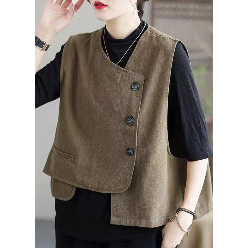 Classy Khaki retro Button asymmetrical design Fall Sleeveless waistcoat