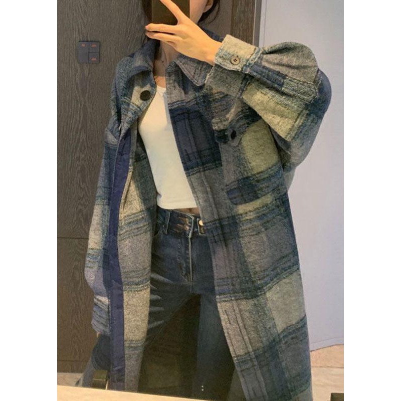 Club Grey Blue Plaid Button side open Fall Woolen Long sleeve Trench