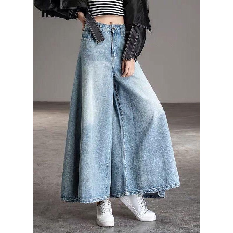 DIY Light Blue fashion Pockets Casual Wide Leg Fall Denim Pants