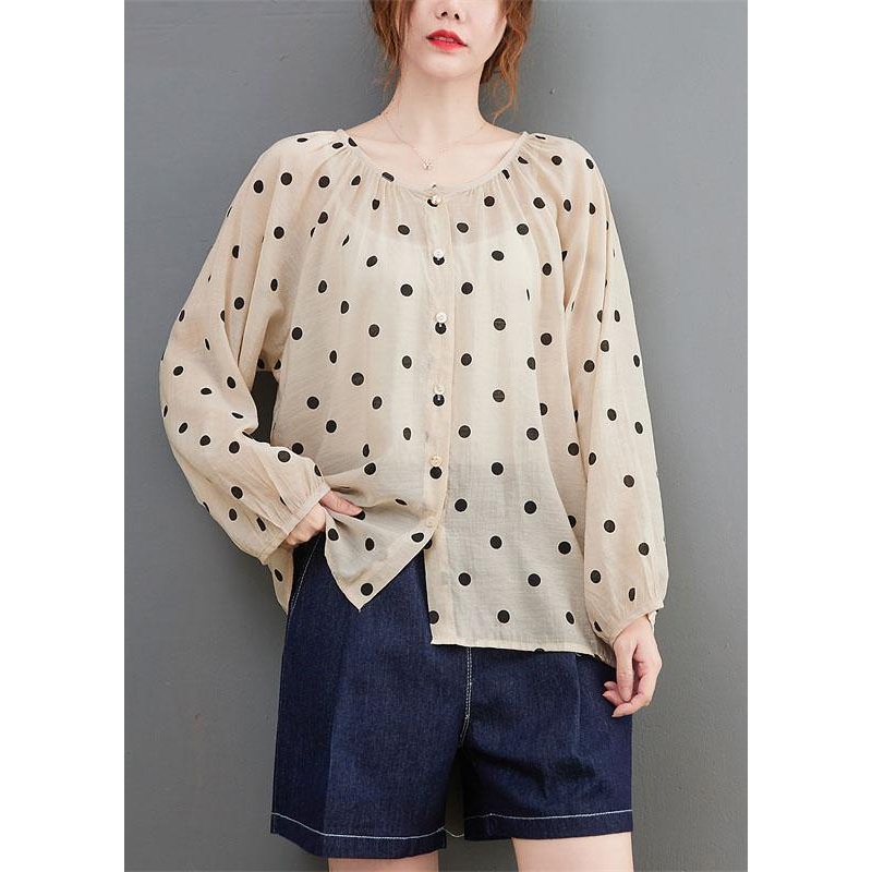 Elegant Apricot Loose Button Print Fall Dot Long sleeve Tops