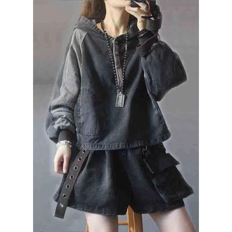 Elegant Black hooded Patchwork Button Fall Denim Pullover Street wear