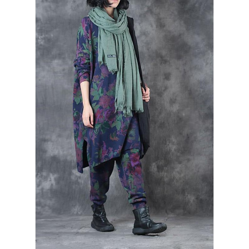 Elegant Blue Loose O-Neck side Open Fall Print Two Pieces Set Long Sleeve