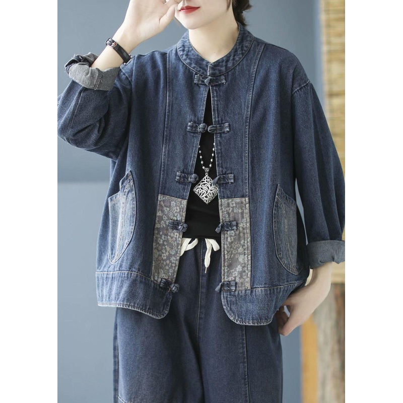 Elegant Blue Pockets Button Patchwork Fall Denim Long sleeve Coat