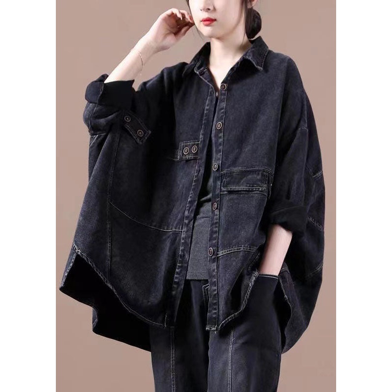 Fashion Black Loose Button Patchwork asymmetrical design Fall Denim Long sleeve Blouse Tops