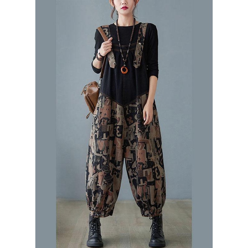 Fashion Black Pockets Button Print Patchwork Fall Outfits Rompers