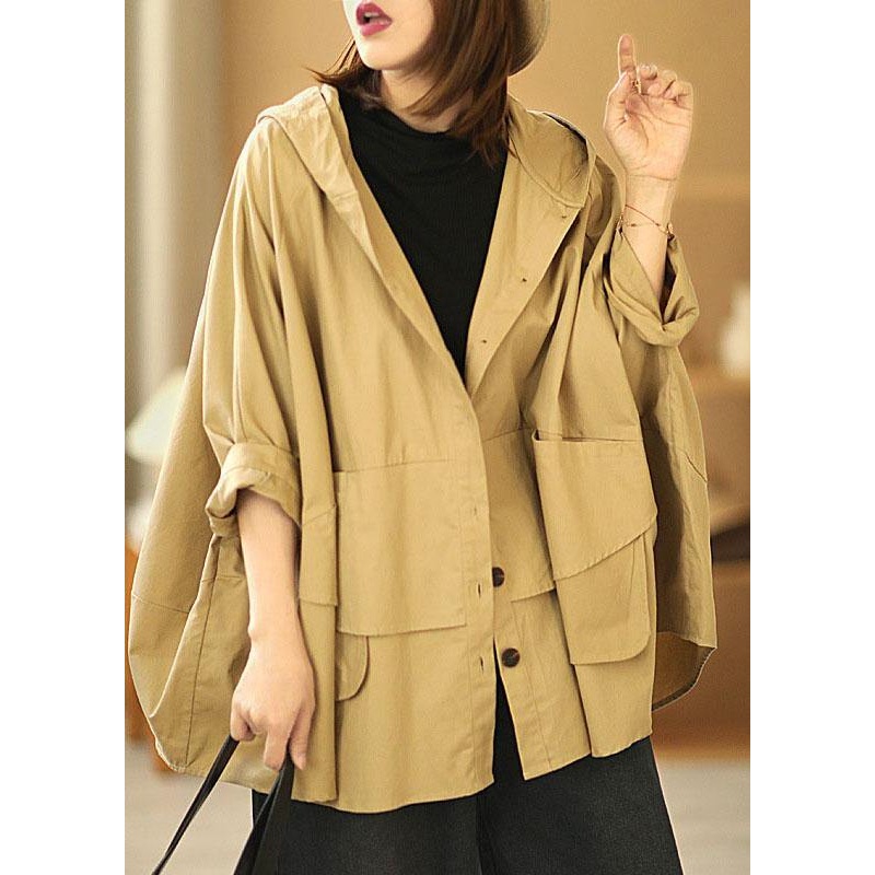 Fashion Khaki Bat wing Sleeve Patchwork Casual Fall Hooded Coat