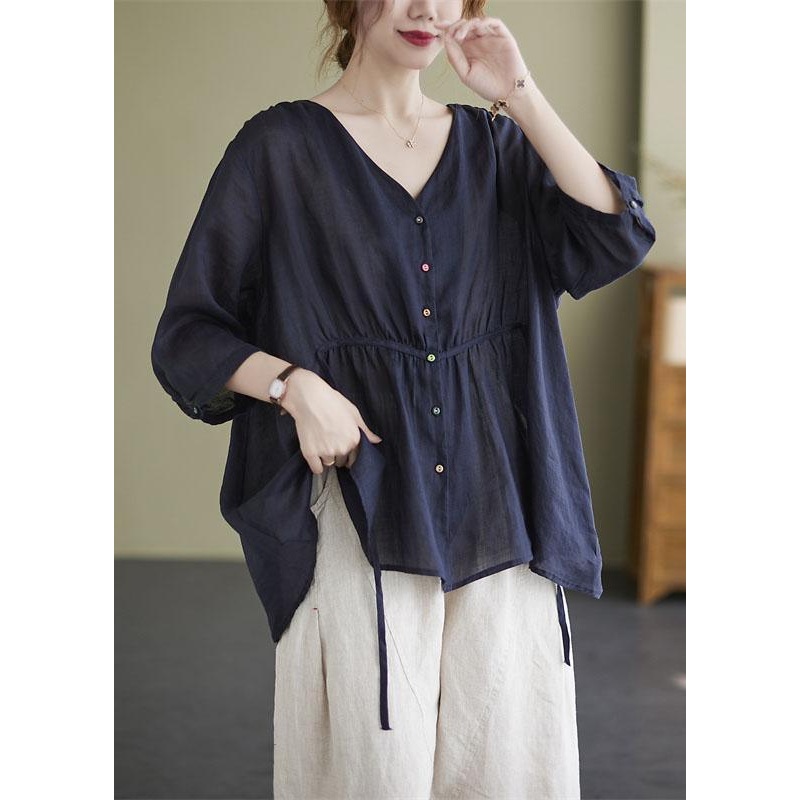 Fashion Navy Loose Button tie waist asymmetrical design Fall Three Quarter sleeve Shirt Top