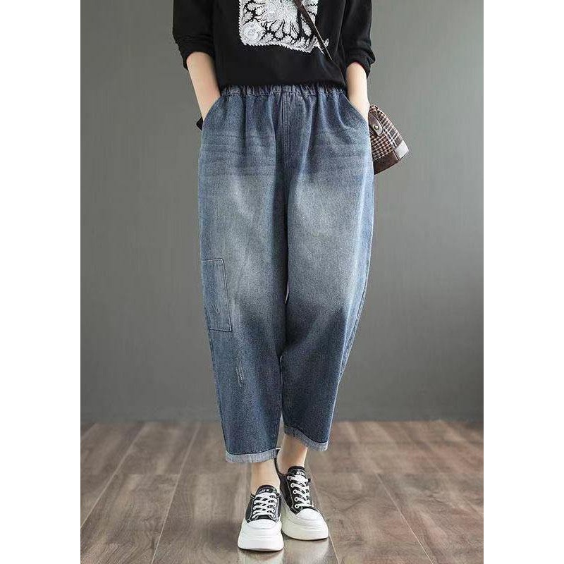 Fine Blue Elastic Waist Pockets Casual Harem Fall Denim Pants