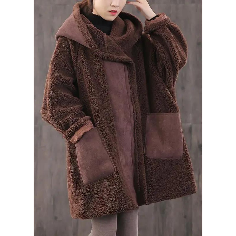 Fitted Coffee zippered Pockets Loose Thick Winter Long sleeve Hooded Coat