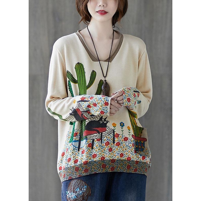 French Beige V Neck Loose Print Fall Casual Sweater