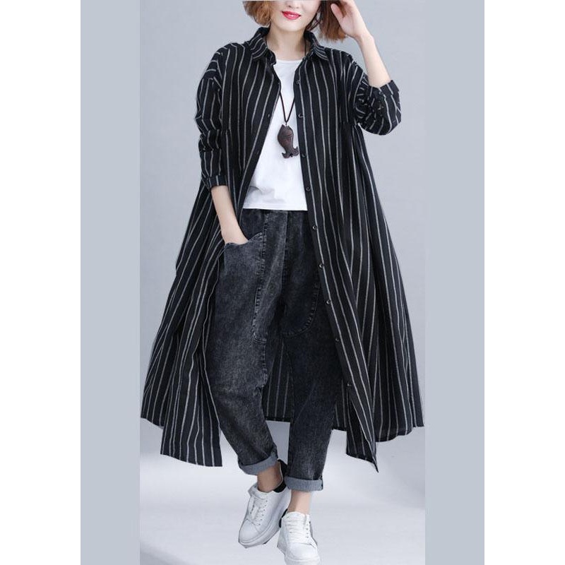 French Black Peter Pan Collar Button Pockets Striped Fall Long sleeve Shirt Top