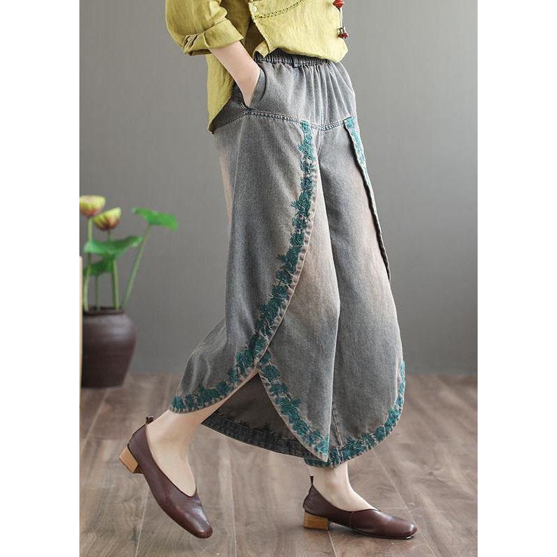 French Blue Pockets Embroideried Fall Denim Wide Leg Pants