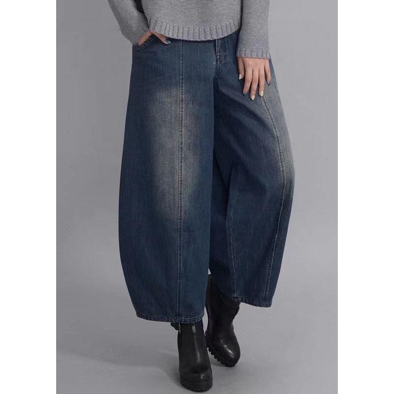 French Navy Button Pockets Casual lantern Fall Denim Pants