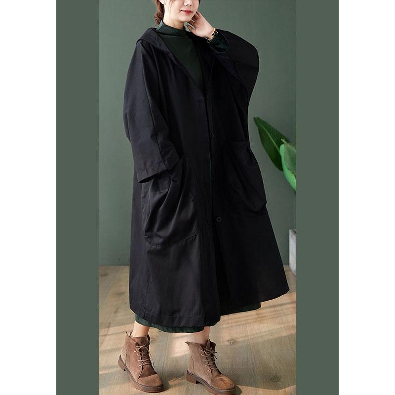 Handmade Black Button Pockets Loose Fall Long sleeve Hoodie Coat