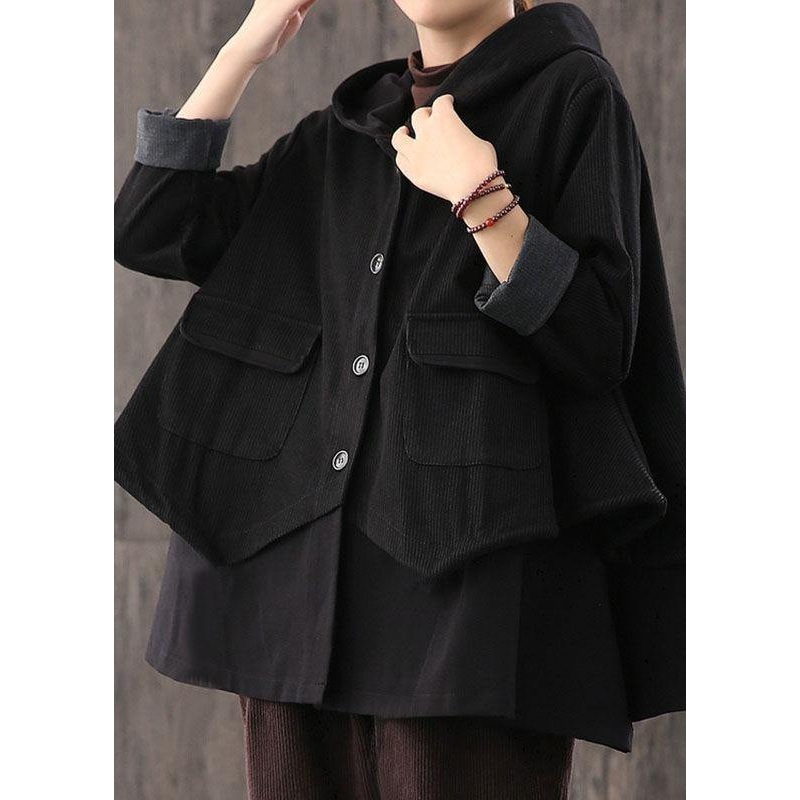 Handmade Black drawstring Patchwork Striped Casual Coat Fall