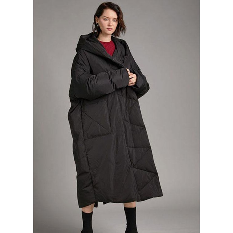 Handmade Black hooded Pockets Loose Winter Down Coat