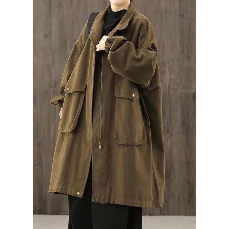 Handmade Coffee Casual zippered Pockets Patchwork Fall trench coats