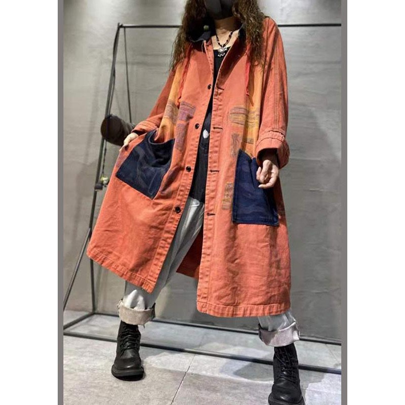 Handmade Orange Pockets Button Casual Fall Denim Coat