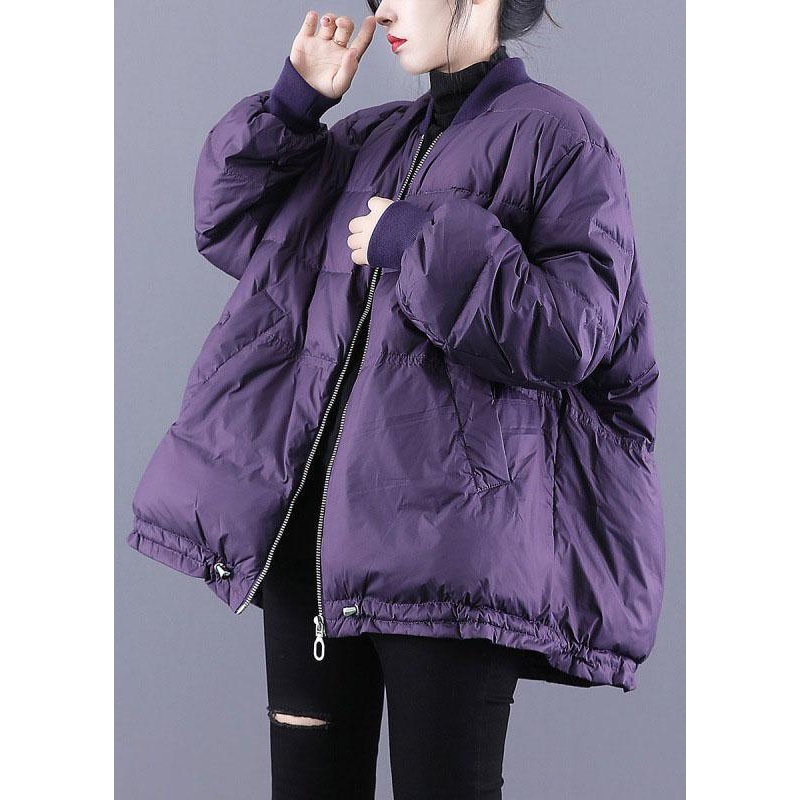 Luxury Purple Zippered Pockets Drawstring Winter Down Coats Long sleeve