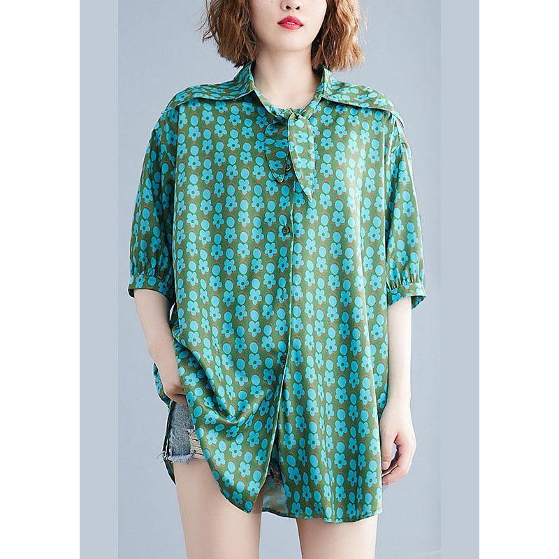 Natural Blue Loose Print Bow Fall Shirt Half Sleeve