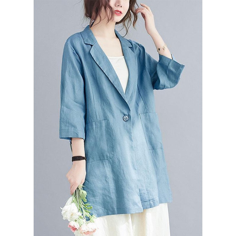 Natural Blue Notched Button Pockets Fall Three Quarter sleeve Blouse Top