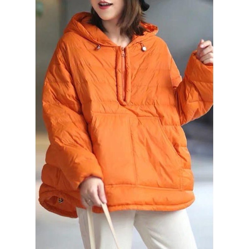 Orange Hooded Zippered Pockets Winter Duck Down Long Sleeve Down Jacket