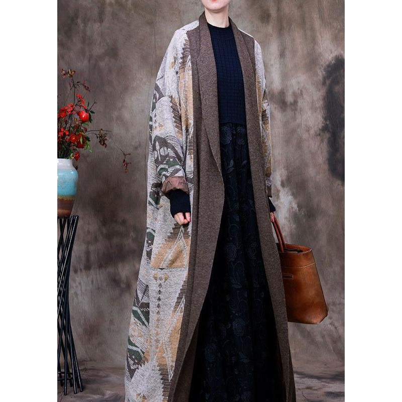 Organic Coffee V Neck Print asymmetrical design Patchwork Fall Woolen Coat Long sleeve