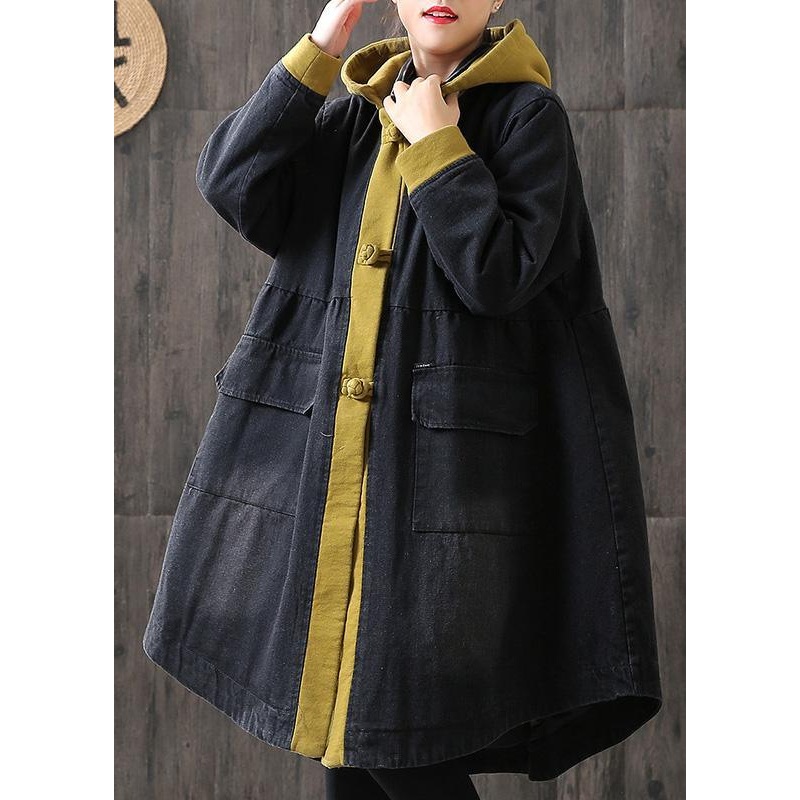 Organic Yellow hooded Button Pockets Patchwork Winter Cotton Long sleeve Coat